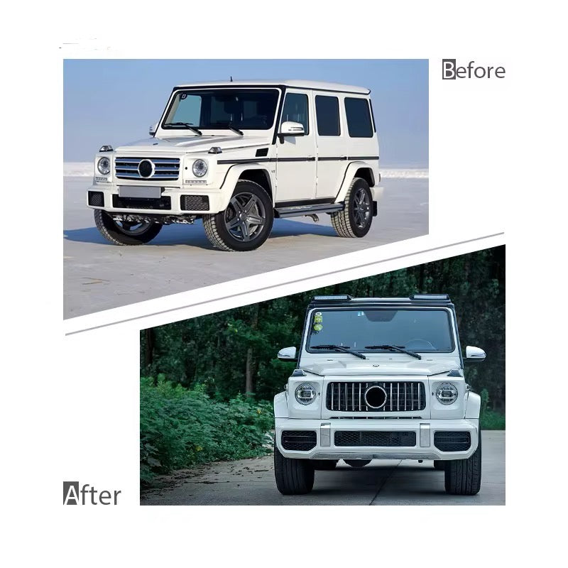 Comparison of a white Mercedes-Benz G-Class SUV labeled 'Before' and 'After' on a white background.