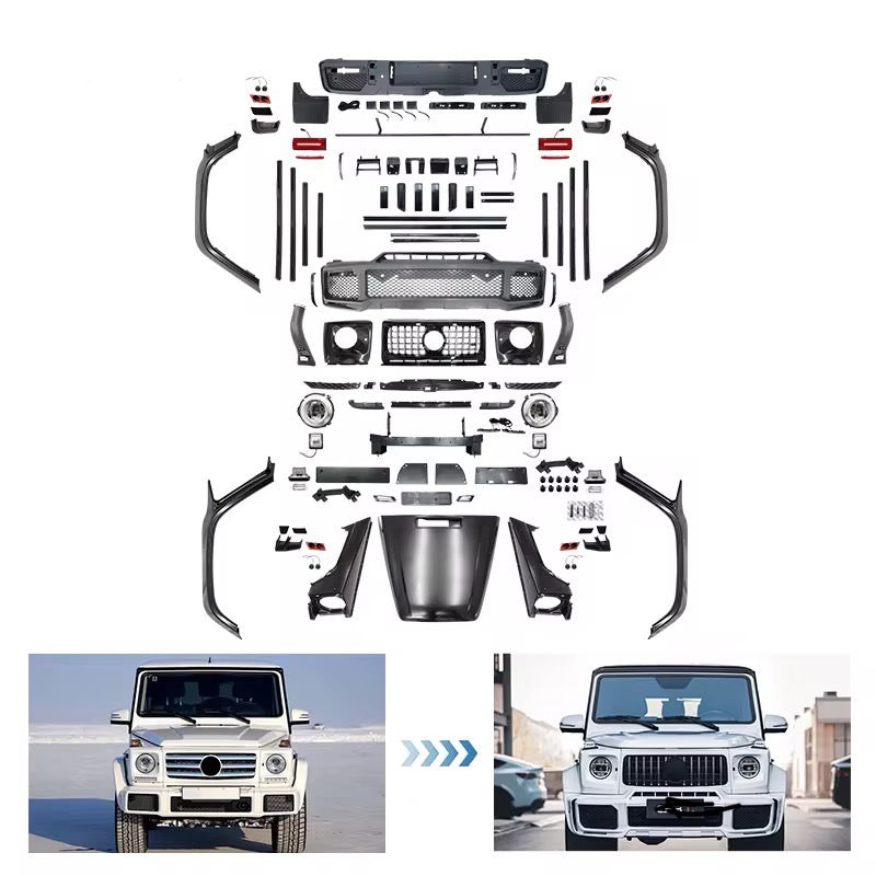Car body kit components on a white background with car images below.