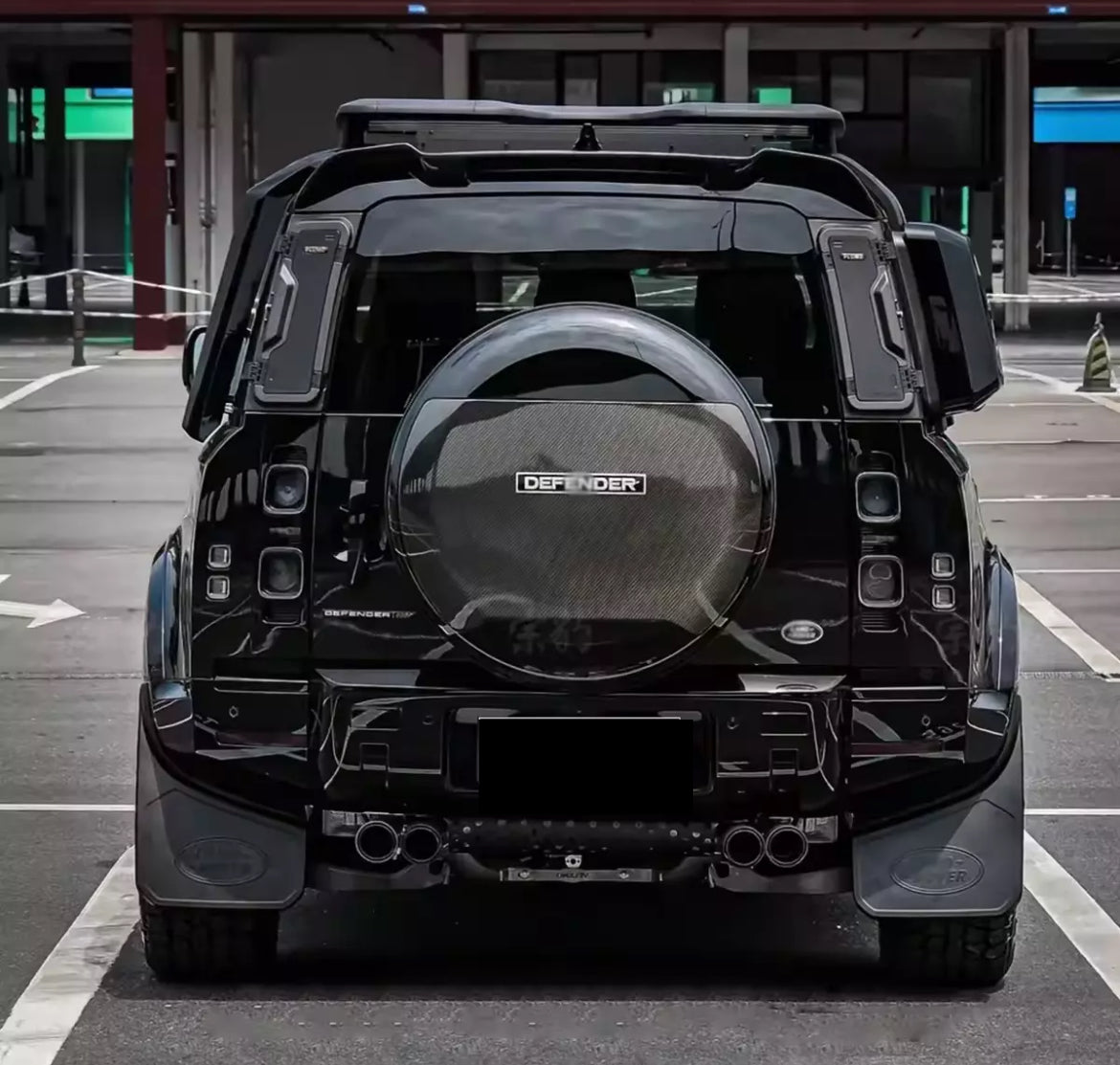 full body kit of the 007 defender 110 installed from rear view