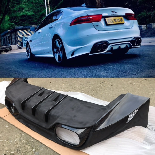 Carbon fibre rear diffuser valance with stainless steel oval tips for a Jaguar XE, displayed both on a vehicle and separately.