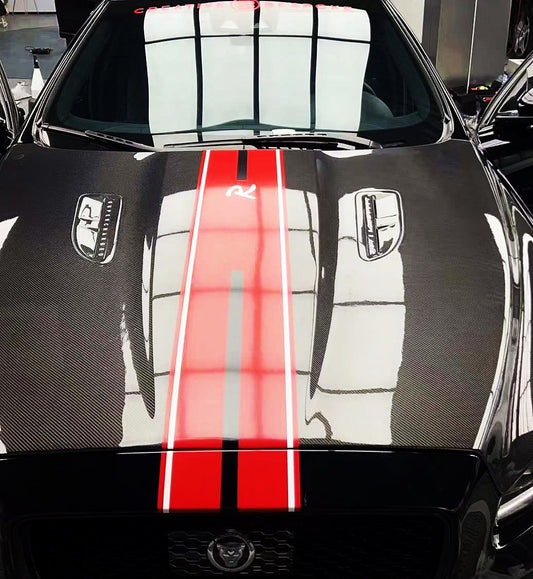 Carbon fibre hood bonnet for Jaguar XJ X351 model years 2010-2019, displayed on a vehicle.