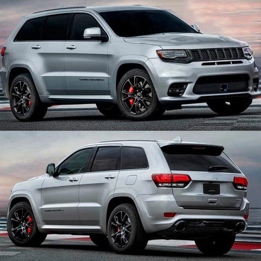 The image shows a Jeep Grand Cherokee with body kit upgrade. The image displays the vehicle with the SRT8 style body kit including front bumper with grille inserts, rear bumper, side skirts, wheel arch moldings, and a rear diffuser.