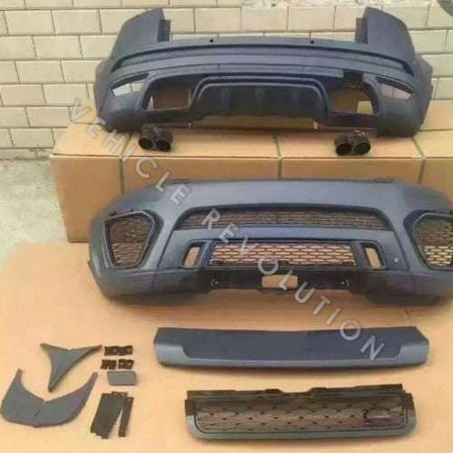 range rover evoque body kit bumper and rear bumper parts laid out before installation