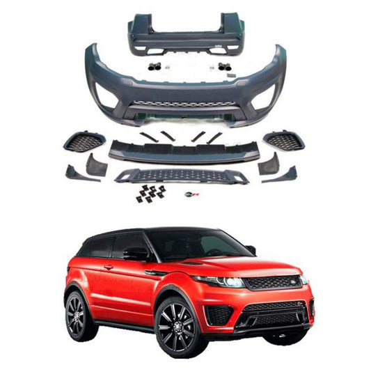 A collection of black Range Rover Evoque body kit parts displayed on a white background, including front bumper, rear bumper, front grille, tailpipe, and trims.